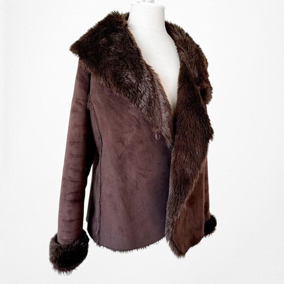 Vintage Y2K Brown Faux Fur Lined Suede Jacket Coat Cardigan Size M - Picture 4 of 7